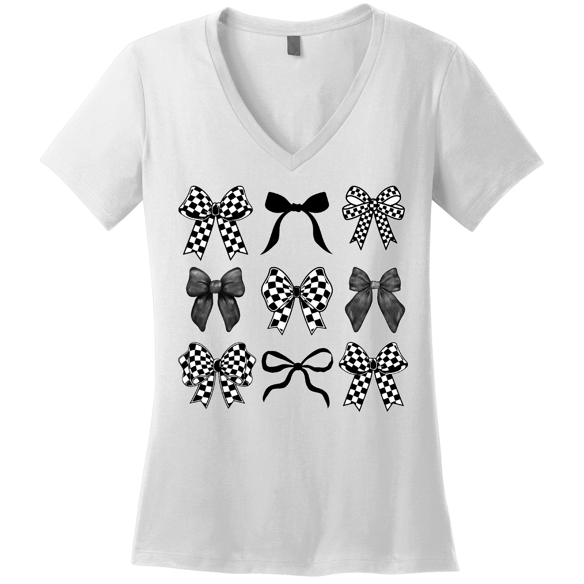 Coquette Bow Checkered Flag Race Car Racing Women Cute Women's V-Neck T-Shirt