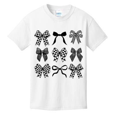 Coquette Bow Checkered Flag Race Car Racing Women Cute Kids T-Shirt