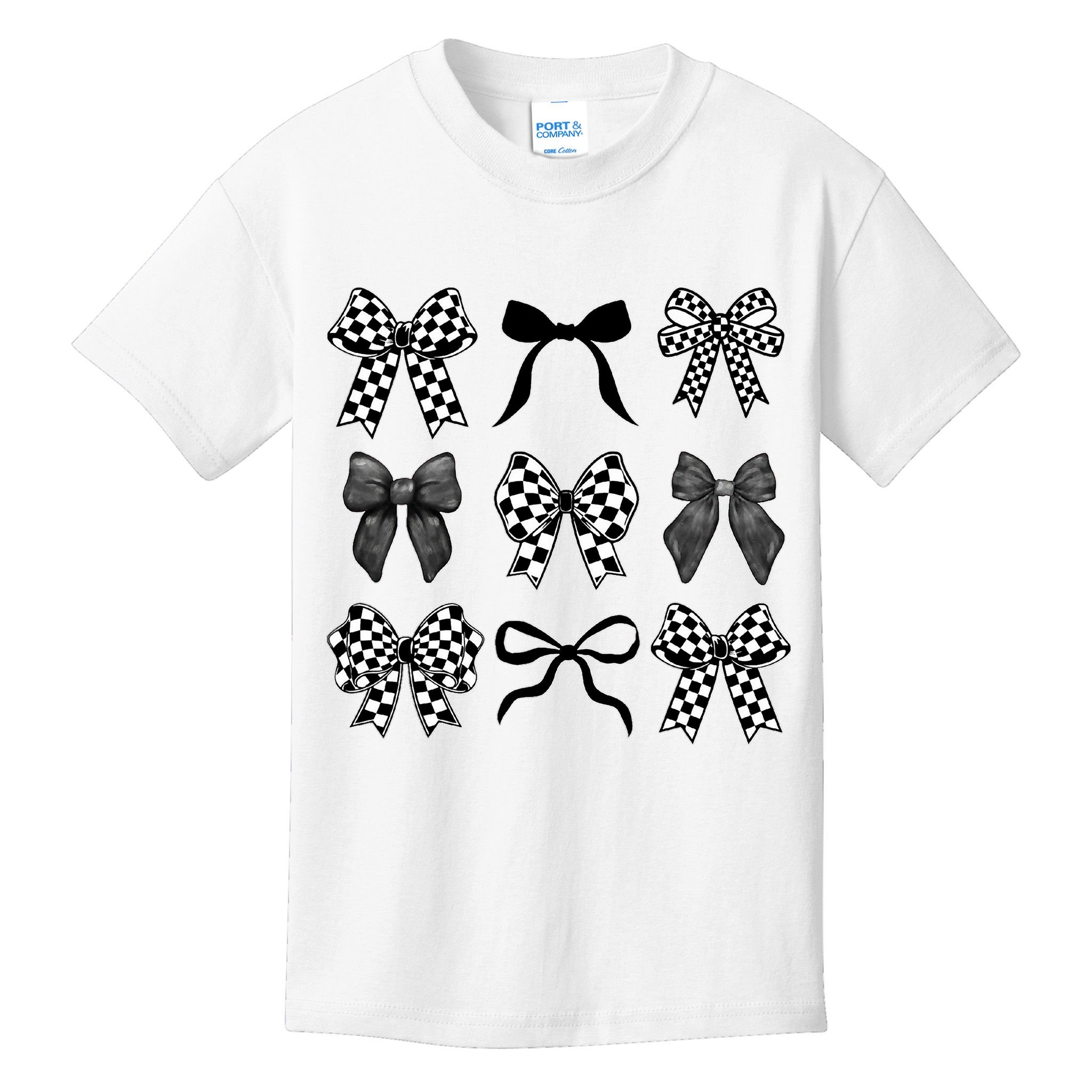 Coquette Bow Checkered Flag Race Car Racing Women Cute Kids T-Shirt