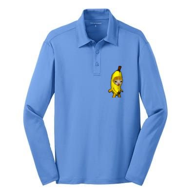 Cute Banana Cat Happy Bananacat Meme Kitty Silk Touch Performance Long Sleeve Polo