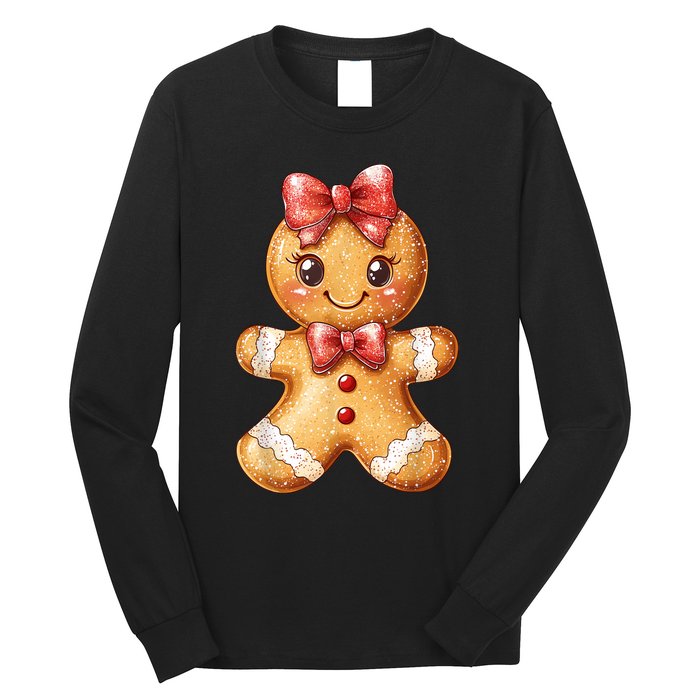 Coquette Bow Christmas Girly Gingerbread Cookie Baking Long Sleeve Shirt