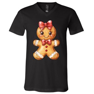 Coquette Bow Christmas Girly Gingerbread Cookie Baking V-Neck T-Shirt