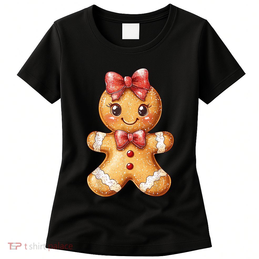 Coquette Bow Christmas Girly Gingerbread Cookie Baking Womens T-Shirt