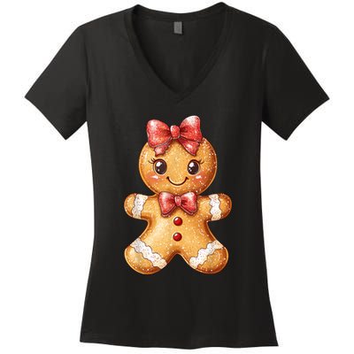 Coquette Bow Christmas Girly Gingerbread Cookie Baking Women's V-Neck T-Shirt
