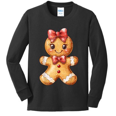 Coquette Bow Christmas Girly Gingerbread Cookie Baking Kids Long Sleeve Shirt