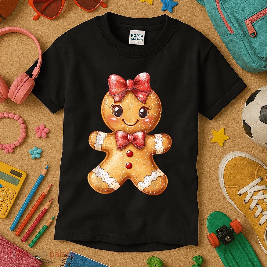 Coquette Bow Christmas Girly Gingerbread Cookie Baking Kids T-Shirt