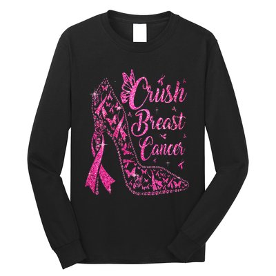 Crush Breast Cancer Awareness Bling Pink Ribbon Long Sleeve Shirt