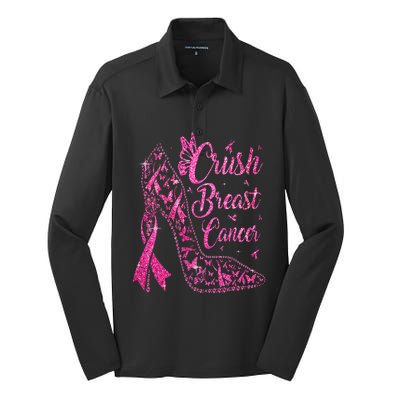 Crush Breast Cancer Awareness Bling Pink Ribbon Silk Touch Performance Long Sleeve Polo