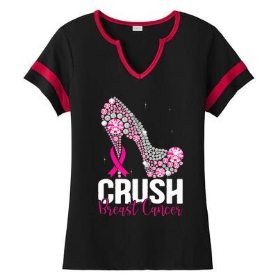 Crush Breast Cancer Awareness Bling Pink Ribbon Ladies Halftime Notch Neck Tee