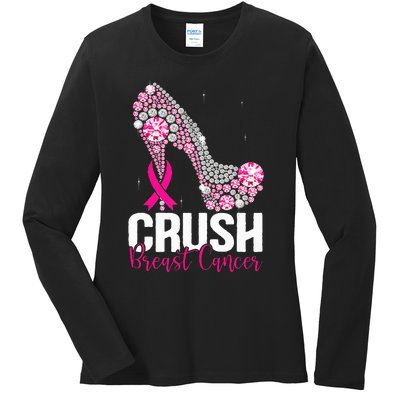 Crush Breast Cancer Awareness Bling Pink Ribbon Ladies Long Sleeve Shirt