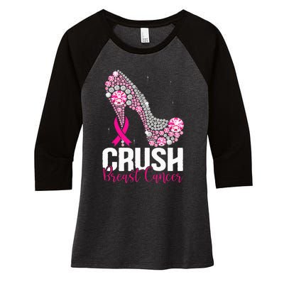 Crush Breast Cancer Awareness Bling Pink Ribbon Women's Tri-Blend 3/4-Sleeve Raglan Shirt