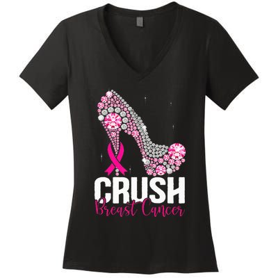 Crush Breast Cancer Awareness Bling Pink Ribbon Women's V-Neck T-Shirt