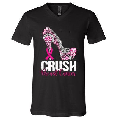 Crush Breast Cancer Awareness Bling Pink Ribbon V-Neck T-Shirt