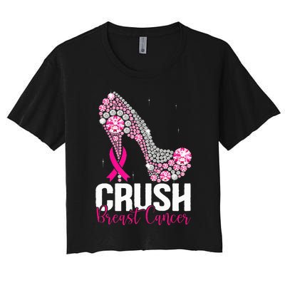 Crush Breast Cancer Awareness Bling Pink Ribbon Women's Crop Top Tee