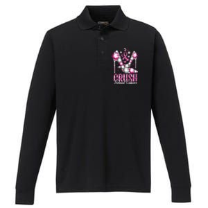 Crush Breast Cancer Awareness Bling Pink Ribbon Performance Long Sleeve Polo