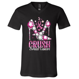 Crush Breast Cancer Awareness Bling Pink Ribbon V-Neck T-Shirt