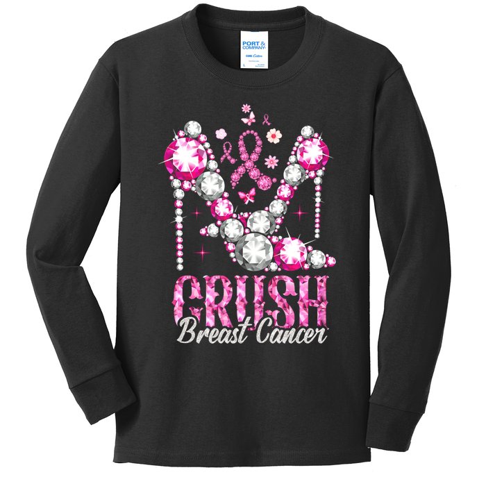 Crush Breast Cancer Awareness Bling Pink Ribbon Kids Long Sleeve Shirt