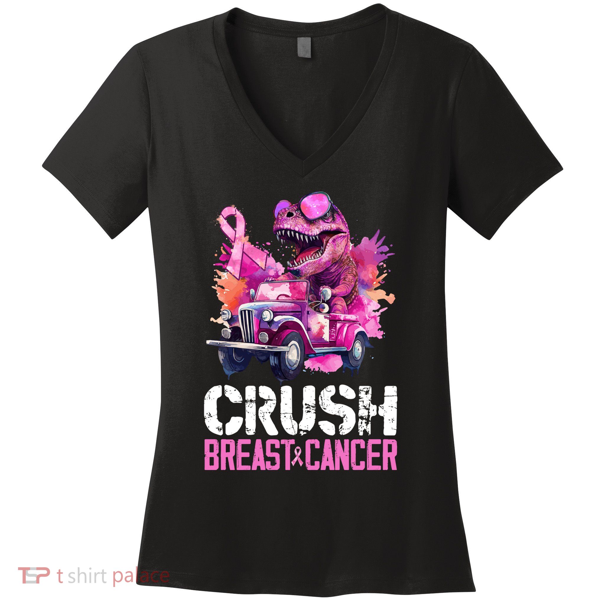 Crush Breast Cancer TRex Dinosaur Women's V-Neck T-Shirt