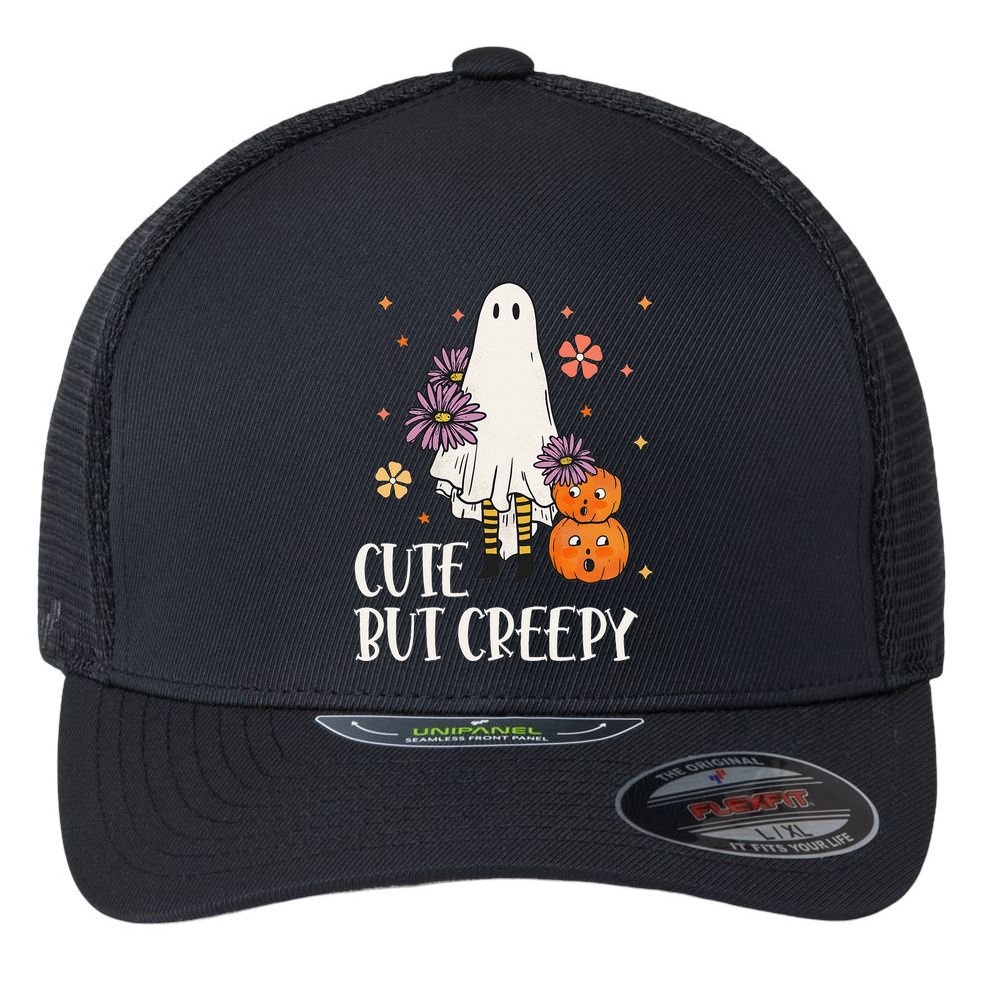 Cute But Creepy Groovy Ghost Spooky Floral Ghost Halloween Flexfit Unipanel Trucker Cap