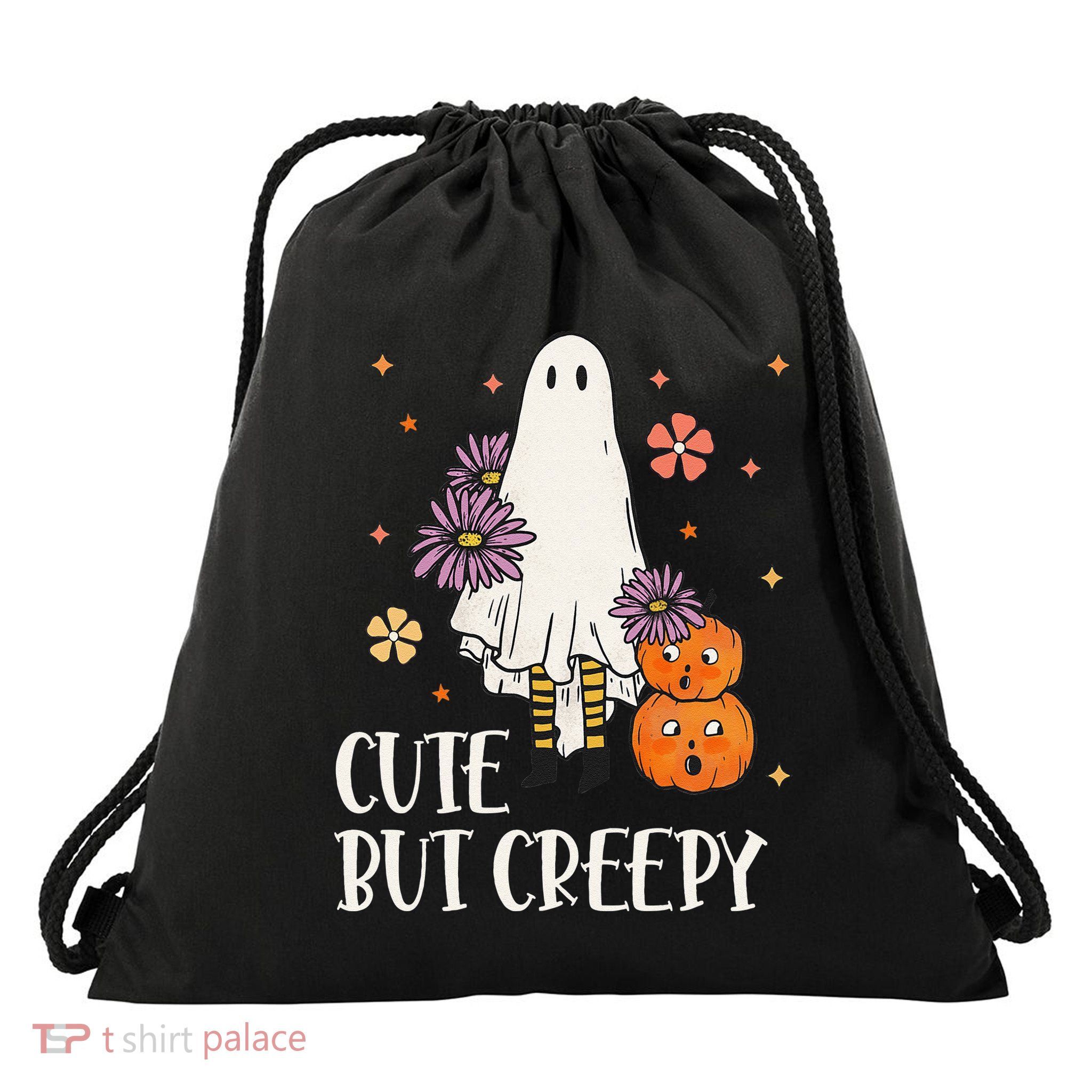 Cute But Creepy Groovy Ghost Spooky Floral Ghost Halloween Drawstring Bag