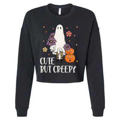 Cute But Creepy Groovy Ghost Spooky Floral Ghost Halloween Cropped Pullover Crew