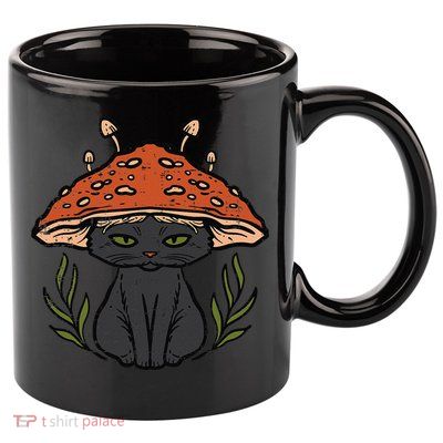 Cottagecore Black Cat Mushroom Cute Women 11oz C Handle Ceramic Mug