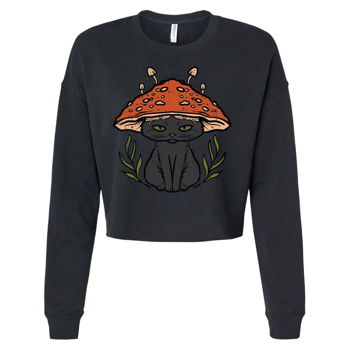 Cottagecore Black Cat Mushroom Cute Women Cropped Pullover Crew