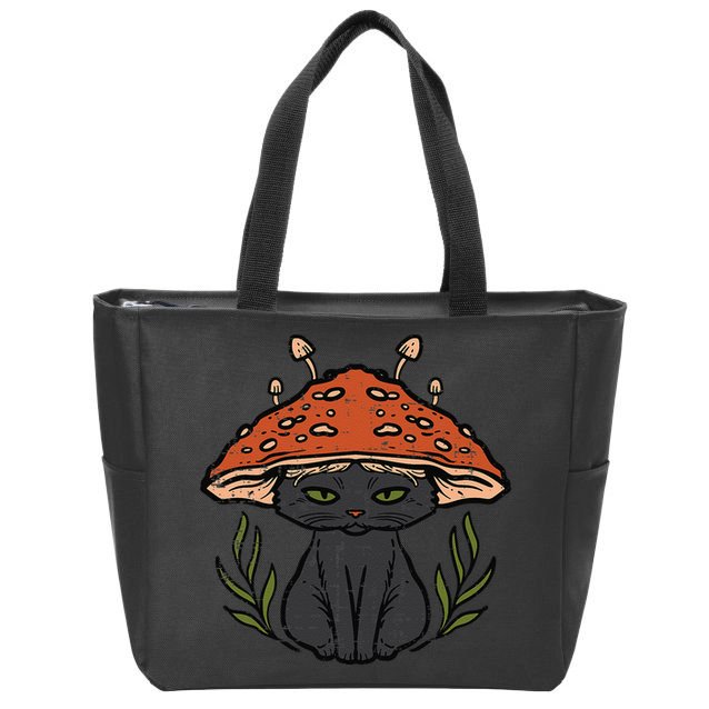 Cottagecore Black Cat Mushroom Cute Women Zip Tote Bag