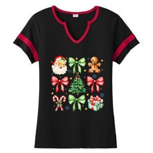 Coquette Bow Christmas Tree Gingerbread Santa Xmas Holiday Ladies Halftime Notch Neck Tee