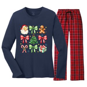 Coquette Bow Christmas Tree Gingerbread Santa Xmas Holiday Women's Long Sleeve Flannel Pajama Set 