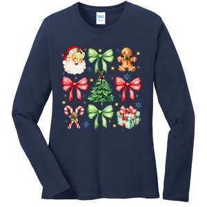 Coquette Bow Christmas Tree Gingerbread Santa Xmas Holiday Ladies Long Sleeve Shirt