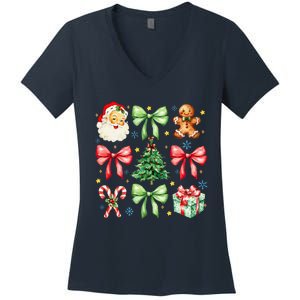 Coquette Bow Christmas Tree Gingerbread Santa Xmas Holiday Women's V-Neck T-Shirt