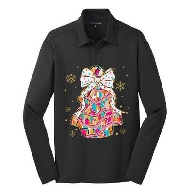 Coquette Bow Christmas Pin.K Floral Xmas Silk Touch Performance Long Sleeve Polo