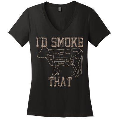 Chef Butcher Cook BBQ Id Smoke That Cow Beef Funny Gift Women's V-Neck T-Shirt