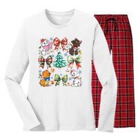 Coquette Bow Christmas Tree Cute Cats Christmas Lights Women's Long Sleeve Flannel Pajama Set 