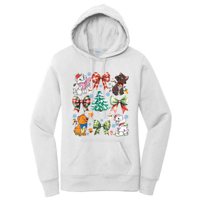 Coquette Bow Christmas Tree Cute Cats Christmas Lights Women's Pullover Hoodie