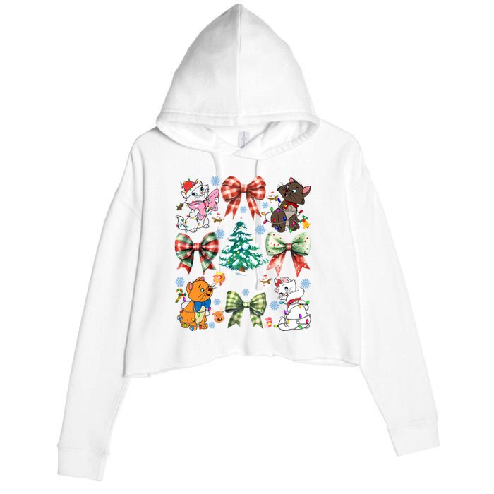 Coquette Bow Christmas Tree Cute Cats Christmas Lights Crop Fleece Hoodie