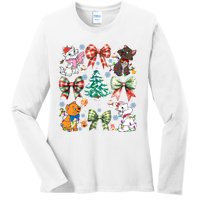 Coquette Bow Christmas Tree Cute Cats Christmas Lights Ladies Long Sleeve Shirt