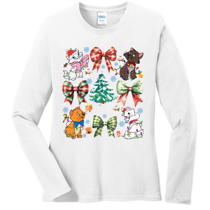 Coquette Bow Christmas Tree Cute Cats Christmas Lights Ladies Long Sleeve Shirt