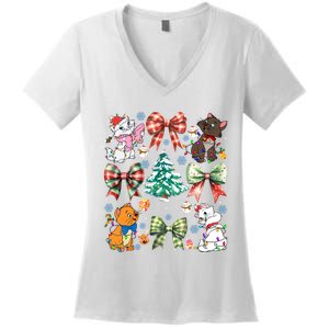 Coquette Bow Christmas Tree Cute Cats Christmas Lights Women's V-Neck T-Shirt