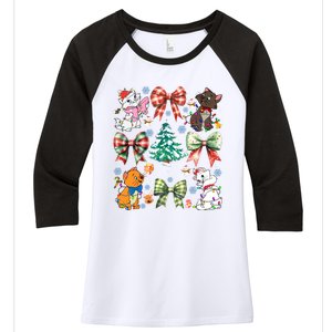 Coquette Bow Christmas Tree Cute Cats Christmas Lights Women's Tri-Blend 3/4-Sleeve Raglan Shirt