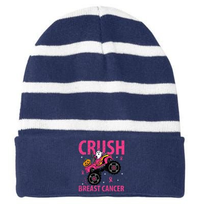 Crush Breast Cancer Awareness Monster Truck Halloween Striped Beanie with Solid Band