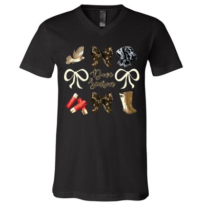 Camo Bow Coquette Dove Season Hunting Dove Hunter Hunt Girl V-Neck T-Shirt