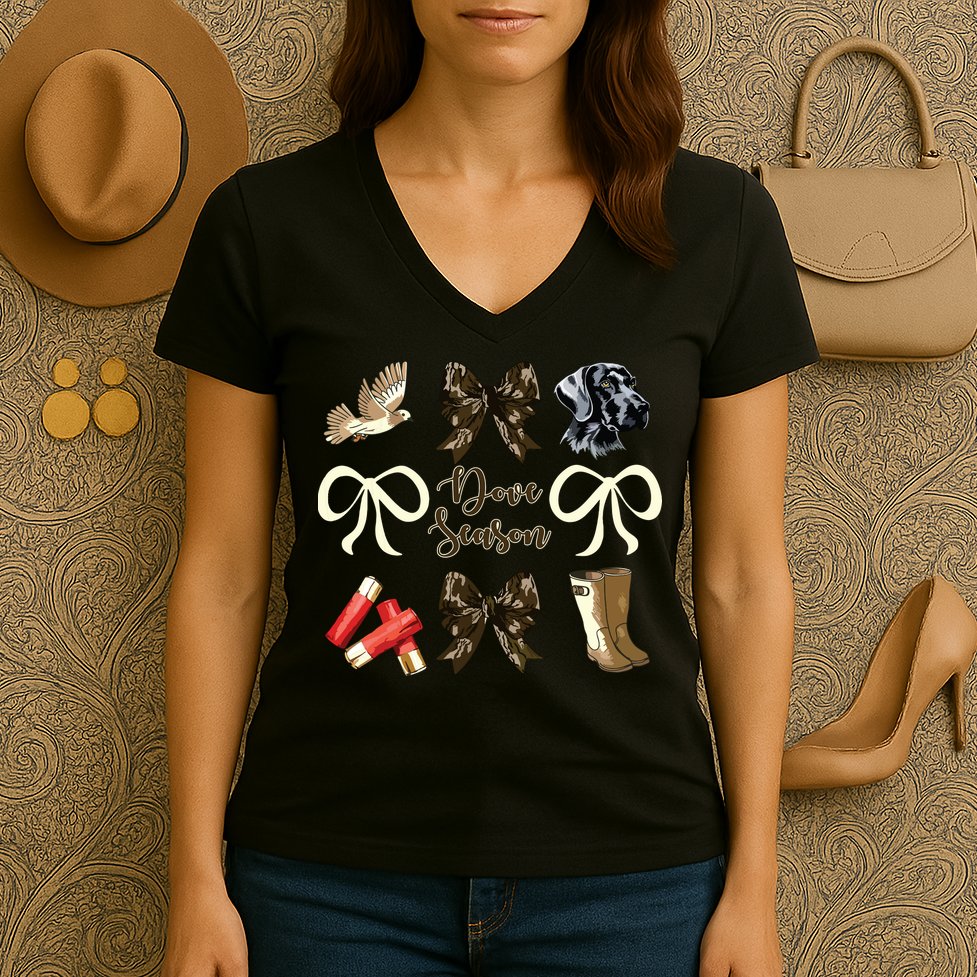 Camo Bow Coquette Dove Season Hunting Dove Hunter Hunt Girl Women's V-Neck T-Shirt