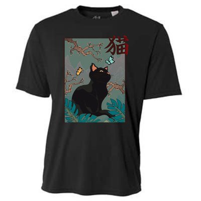 Cherry Blossom Cat Vintage Woodblock Japanese Graphical Art Cooling Performance Crew T-Shirt