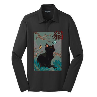 Cherry Blossom Cat Vintage Woodblock Japanese Graphical Art Silk Touch Performance Long Sleeve Polo