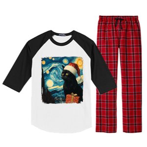 Christmas Black Cat Starry Night Van Gogh Retro Cat Art Xmas Raglan Sleeve Pajama Set