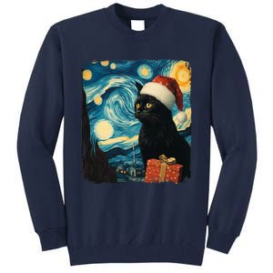 Christmas Black Cat Starry Night Van Gogh Retro Cat Art Xmas Tall Sweatshirt