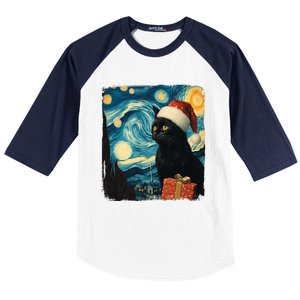 Christmas Black Cat Starry Night Van Gogh Retro Cat Art Xmas Baseball Sleeve Shirt