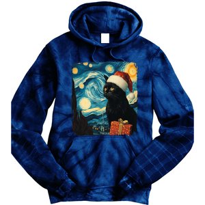 Christmas Black Cat Starry Night Van Gogh Retro Cat Art Xmas Tie Dye Hoodie